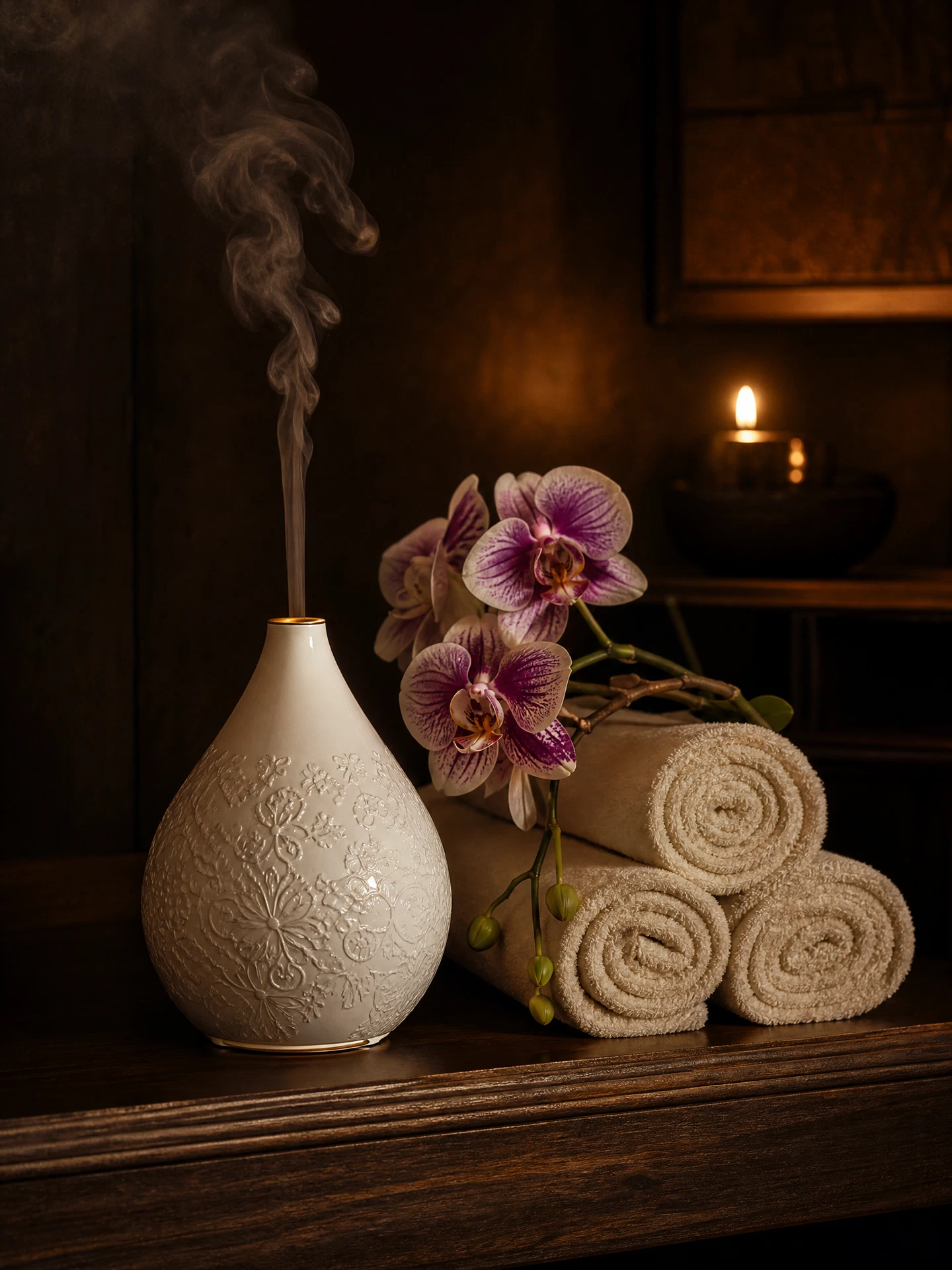 Aromatherapy oil diffuser and orchid in the spa