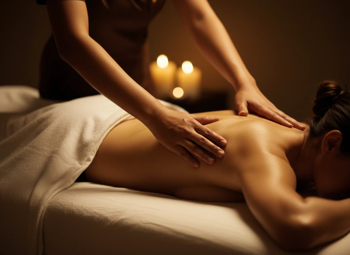 Thai massage therapist working on a client's back by candlelight